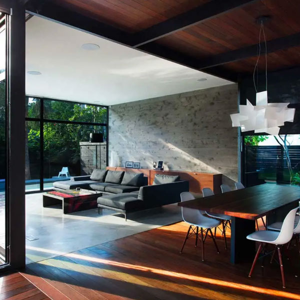 aménagement intérieur maison bois moderne au canada, salon 